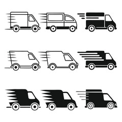 Black Silhouette Fast Delivery Truck Icons Set – Express Shipping, Courier Service, Logistics, 24-Hour Freight, and Transportation Symbols
