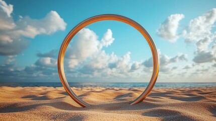 Fototapeta premium A golden ring is placed on a sandy beach scene