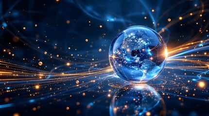 Digital Earth Globe with Glowing Lines and Reflections, Global Communication