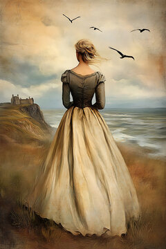 Lady by the seaside with a reflective mood overlooking the ocean and cliffs with copy space