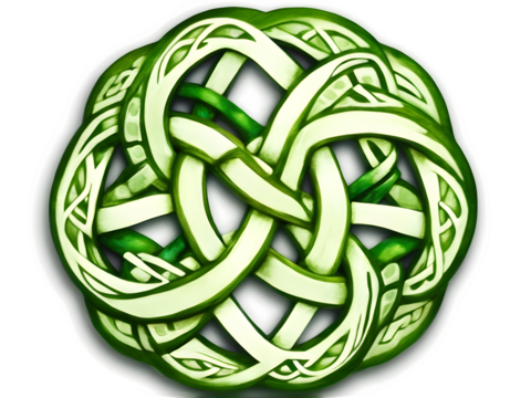 An intricate Celtic knot design in various shades of green, symbolizing Irish culture and eternity, displayed on a white backdrop.
