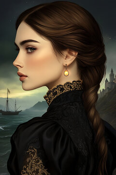 Girl with a captivating profile near a vintage ship and castle background with copy space