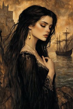 Stylish girl with a captivating look beside an ancient castle and ship background with copy space