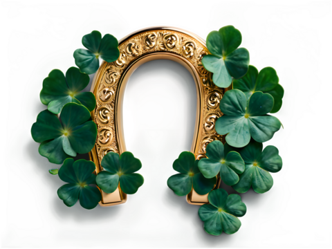 A shiny golden horseshoe surrounded by lush green shamrocks on a clean white surface, representing fortune and prosperity.
 - Powered by Adobe