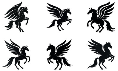 A set of six stylized black silhouettes of Pegasus, the winged horse.