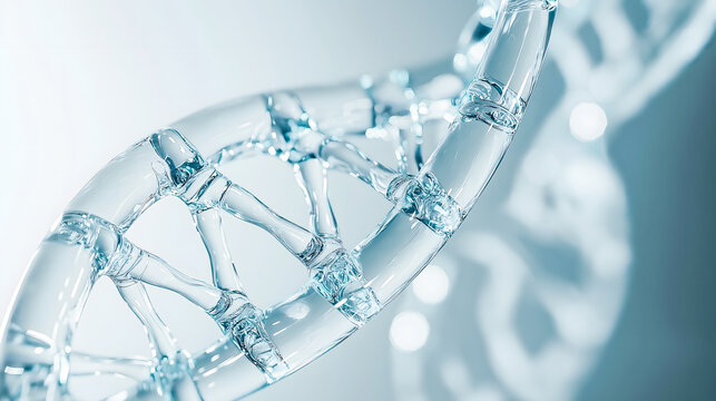 Close-up of a transparent DNA double helix structure, showcasing the intricate details of the molecular bonds and the helical twist.