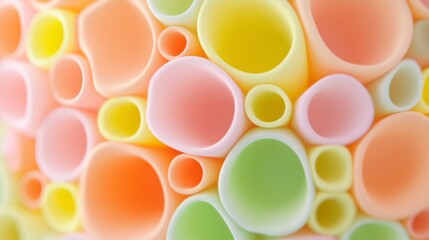 Abstract close up of pastel colored tubes and circles creating a textured, three dimensional pattern. Soft lighting enhances the smooth surface and vibrant hues.