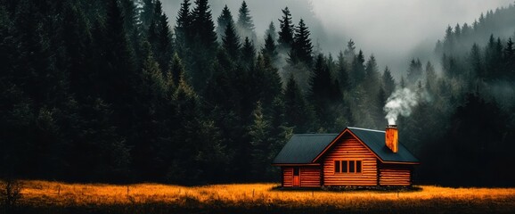 Fototapeta premium Serene Cabin in Misty Forest