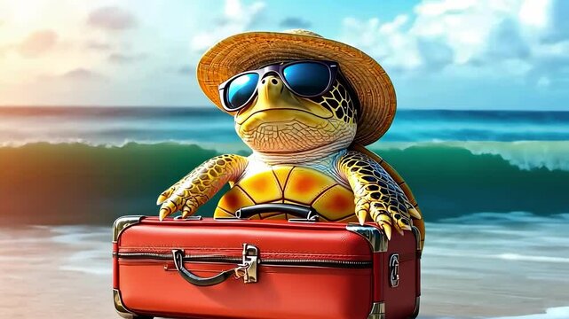 Turtle on the background of the sea with a suitcase. Selective focus