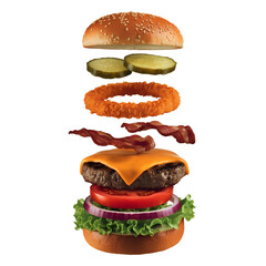 A deconstructed cheeseburger floating in mid-air, with each ingredient stacked separately.