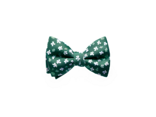 A stylish bow tie made of green fabric adorned with shamrock prints, neatly placed on a white background.
