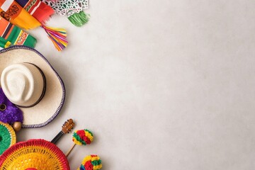 Obraz premium vibrant cinco de mayo celebration scene against neutral backdrop mexican flags sombrero maracas authentic textile patterns