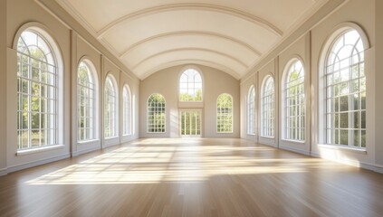 Fototapeta premium Spacious, sun-drenched, empty, elegant hall with large arched windows, hardwood floors and high ceilings.