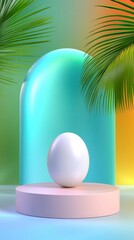 Fototapeta premium White sphere on pastel pink platform, teal arch background, tropical palm leaves. Smooth, minimalist 3D render with soft, gradient lighting.