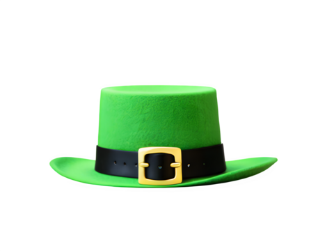 A classic leprechaun’s hat in bright green felt, featuring a golden buckle and a black belt, isolated on a white background.
