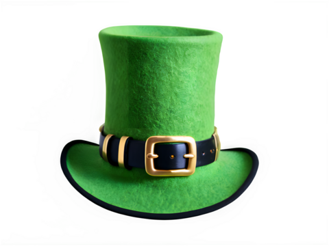 A classic leprechaun’s hat in bright green felt, featuring a golden buckle and a black belt, isolated on a white background.
