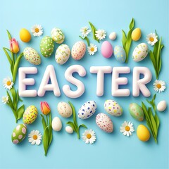 On light blue backdrop, "Easter" in white 3D letters is surrounded by decorated eggs, tulips and daisies, creating a fresh Easter visual.