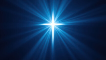 Blue starburst light with a cross silhouette against a dark background.