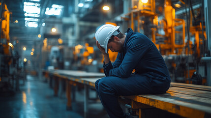 Exhausted engineer with hardhat sitting alone in industrial factory