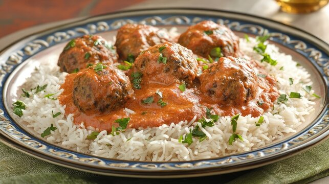 A plate of malai kofta in a rich tomato-based gravy, served with fragrant cumin rice.