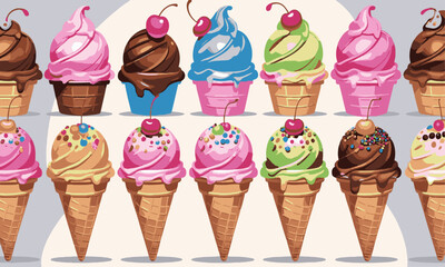 Modern vector-style illustration of various ice cream cones with different flavors, easily editable.