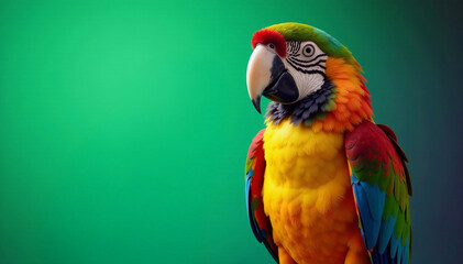 Fototapeta premium Two colorful parrots perched against a vibrant green backdrop, showcasing their vivid feathers.