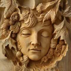 Wood carving of a serene nature spirit