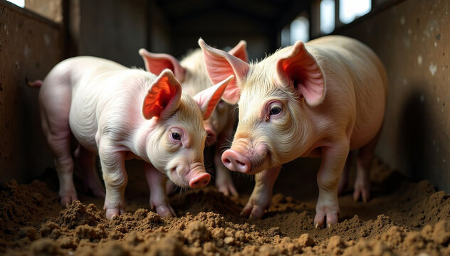 Two cute piglets exploring their cozy barn environment with curiosity and playfulness.