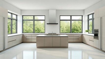 Fototapeta premium modern and spacious kitchen with large windows overlooking a beautiful green view, minimalist design