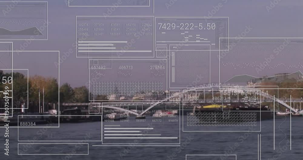 Poster data processing animation over river scene with bridge and moving boat