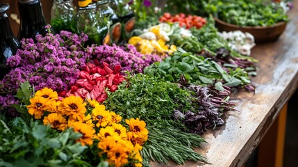 Vibrant garnish board with fresh herbs