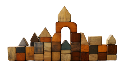 Wooden Blocks Form Imaginary Cityscape Isolated on White Background