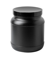 Black plastic jar with lid for sport nutrition on white background
