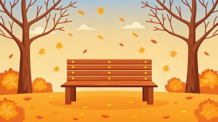 an inviting park bench surrounded by the warmth of autumn, with trees and falling leaves, ideal for relaxation and reflection. 