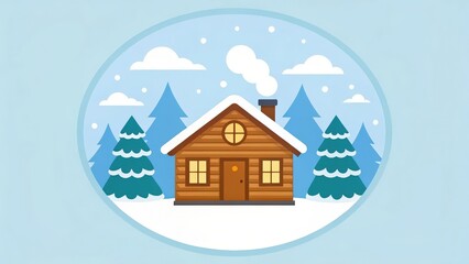 a cozy winter cabin nestled in a snowy landscape, with smoke rising from the chimney. The illustration captures a sense of warmth and tranquility during the cold season