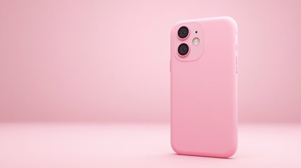 Pink smartphone with triple lens camera in a minimalist pink studio setting. Clean lines and soft lighting create a modern aesthetic.