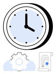 Large analog clock above gear and signed certificate illustrating efficiency, work mastery, and achievement. Ideal for business, education, project management, productivity, time tracking, success