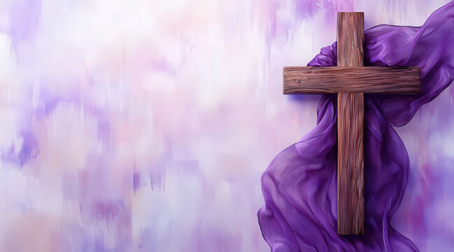 Fondo religioso cristiano de tonos purpuras y marrones con una cruz de madera en el lado derecho rodeada de una tela morada. Concepto celebraciones religiosas, semana santa