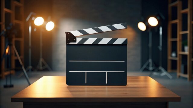 clapperboard on a table in a film studio setting