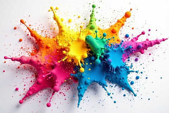 Vibrant paint splashes in multiple colors create an abstract art effect on white background.