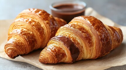 Delicious croissants with chocolate, bakery, breakfast