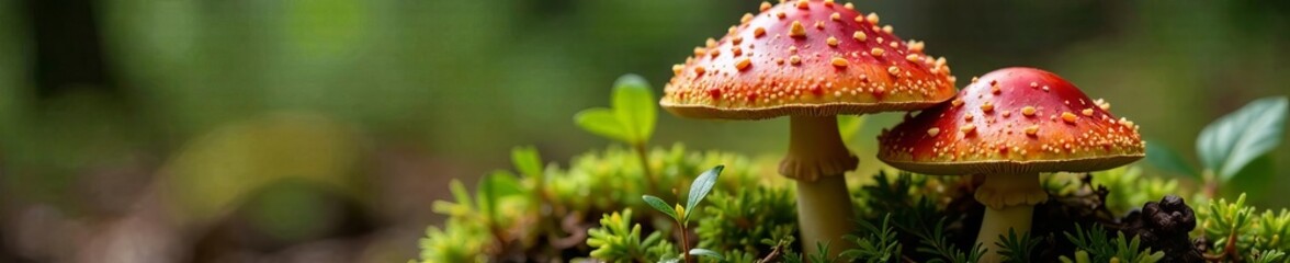Vibrant red mushrooms grow on lush green moss in a serene forest environment.