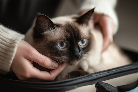 Siamese cat with blue eyes being held in a pet carrier