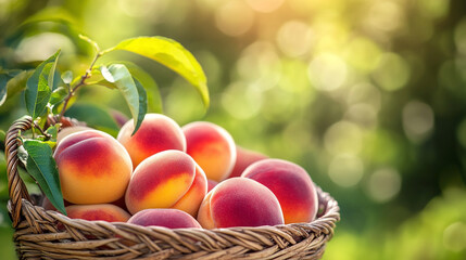 Ripe peaches in basket on  sunny summer day against the backdrop of  green garden. Harvest. Copy space.  