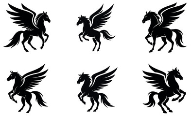 This set of four black silhouettes depicts powerful Pegasus horses against a plain white background.