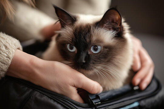 Siamese cat with blue eyes being gently held in a pet carrier