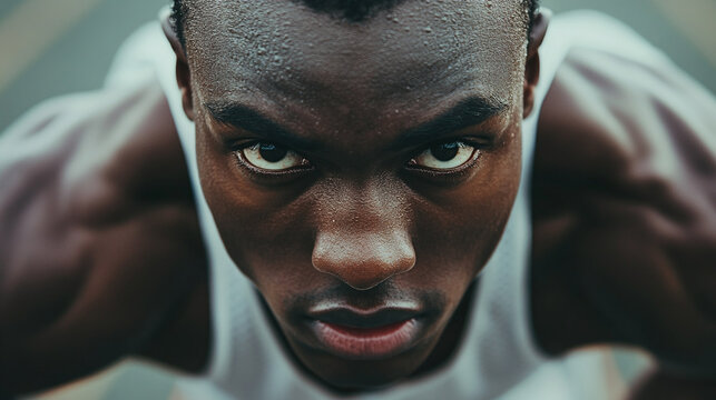 Look of an athlete runner during training. Face of dark-skinned athlete close-up. Sports lifestyle. - Powered by Adobe