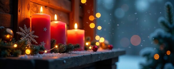 Warm candles illuminated on a snowy night, creating a cozy festive atmosphere.