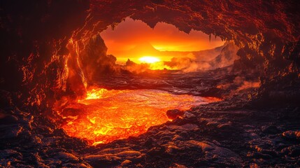 Volcanic cave sunset with glowing lava.