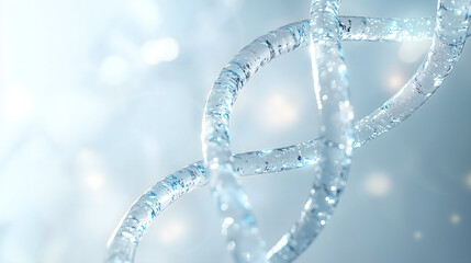 A close-up view of a DNA double helix structure, depicted with a frosty, crystalline appearance, set against a soft, blurred background with light bokeh effects.